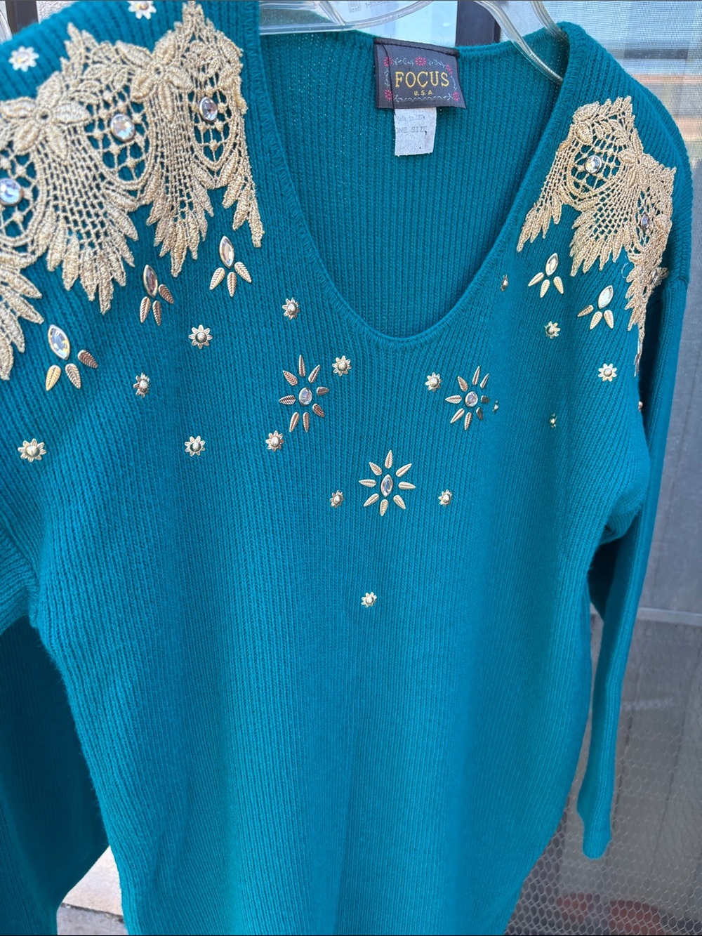 Focus USA Teal V-Neck Sweater with Gold Embellishment